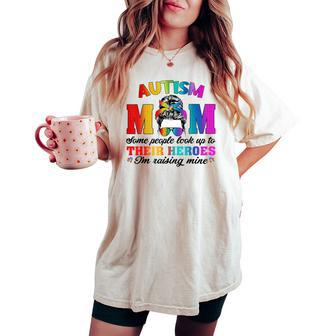 Autism Mom Raising Hero Groovy Messy Bun Autism Awareness Women's Oversized Comfort T-shirt - Seseable