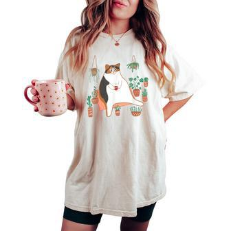 Calico Cat With Pot Plants Cat Lover For Mom Women Women's Oversized Comfort T-shirt - Monsterry CA