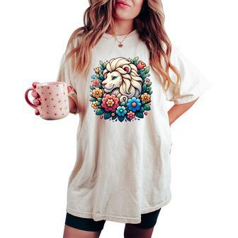 Floral Lion Head With Vintage Flowers Cartoon Animal Lover Women's Oversized Comfort T-shirt - Monsterry