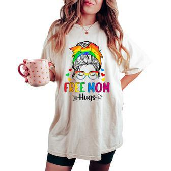 Free Mom Hugs Messy Bun Rainbow Gay Trans Pride Mother Day Women's Oversized Comfort T-shirt - Seseable