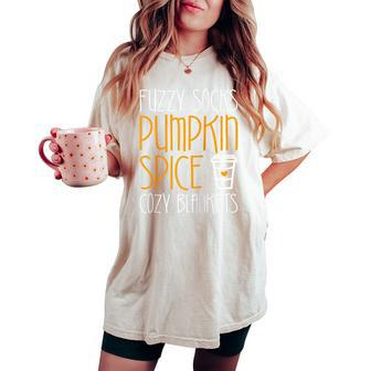 Fuzzy Socks Pumpkin Spice Cozy Blankets Fall Season Women's Oversized Comfort T-shirt - Monsterry CA