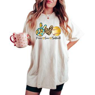 Girls Peace Love Softball Catcher Pitcher Cute Youth Women Women's Oversized Comfort T-shirt - Seseable
