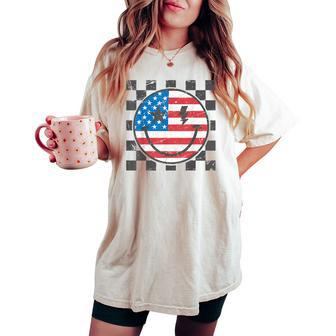 Happy 4Th Of July Groovy Smile Face Red White Blue Usa Flag Women's Oversized Comfort T-shirt - Monsterry CA
