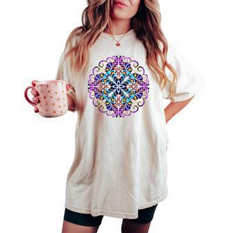 Mandala Stained Glass Graphic With Bright Rainbow Of Colors Women's Oversized Comfort T-shirt - Monsterry DE