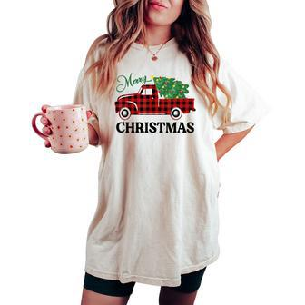 Merry Christmas White Buffalo Plaid Truck Tree Womens Women's Oversized Comfort T-shirt - Monsterry DE