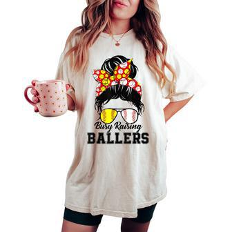 Messy Bun Mom Of Both Baseball Softball Busy Raising Ballers Women's Oversized Comfort T-shirt - Monsterry UK