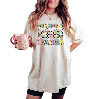 One Hoppy Teacher Bunny Easter Day Groovy Retro Boy Girl Women's Oversized Comfort T-shirt - Seseable
