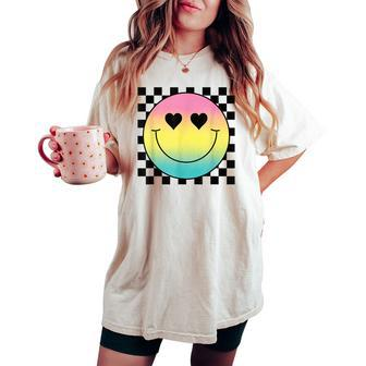 Rainbow Smile Face Cute Checkered Smiling Happy Face Women's Oversized Comfort T-shirt - Seseable