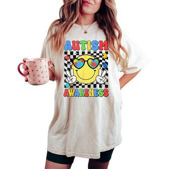 Retro Groovy Autism Awareness Hippie Smile Face Boy Girl Kid Women's Oversized Comfort T-shirt | Mazezy
