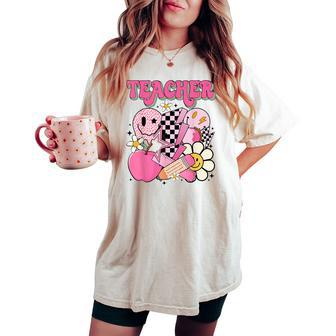 Retro Groovy Hippie Smile Face Teacher Back To School Women's Oversized Comfort T-shirt - Seseable
