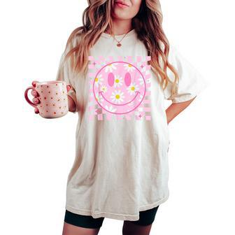 Retro Happy Smile Face Checkered Pattern Pink Daisy Flower Women's Oversized Comfort T-shirt - Monsterry