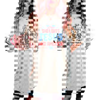 She Loves Jesus And America Too Coquette Girl 4Th Of July Women's Oversized Comfort T-shirt | Seseable CA