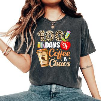 100 Days Of Coffee & Chaos 100Th Day Of School Teacher Kid Women's Oversized Comfort T-Shirt - Seseable