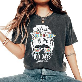 100 Days Smarter 100Th Day Of School Messy Bun Mom Women's Oversized Comfort T-Shirt - Thegiftio UK