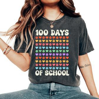 100Th Day 100 Days Of School Retro Groovy Hearts 100Th Women's Oversized Comfort T-Shirt - Seseable