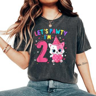 2Nd Birthday Girl Cat Kitten Let's Pawty I'm 2 Year Old Women's Oversized Comfort T-Shirt - Monsterry AU