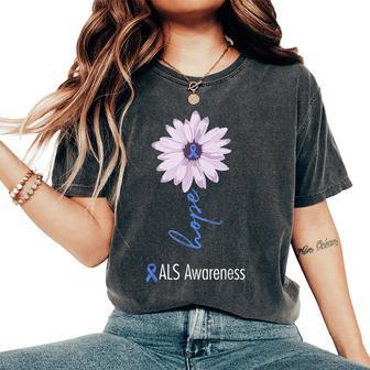 Als Awareness Month Blue Sunflower Ribbon Als Warrior Women's Oversized Comfort T-Shirt - Seseable