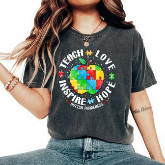 Autism Awareness Teacher Apple Teach Hope Love Inspire Women's Oversized Comfort T-Shirt | Mazezy