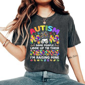 Autism Mom Raising Hero Messy Bun Autism Awareness Women's Oversized Comfort T-Shirt - Seseable
