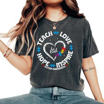 Autism Teach Love Inspire Hope Teacher Blue Autism Awareness Women's Oversized Comfort T-Shirt | Mazezy