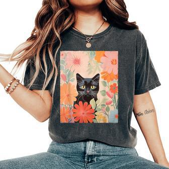 Black Cat And Flowers Cat Lover Cat Floral Cat Women's Oversized Comfort T-Shirt | Mazezy