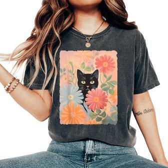 Black Cat And Flowers Cat Lover Cat Floral Cat Women's Oversized Comfort T-Shirt - Seseable
