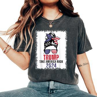Bleached Messy Bun Trump 2024 Take America Back Us Flag Women's Oversized Comfort T-Shirt - Monsterry DE