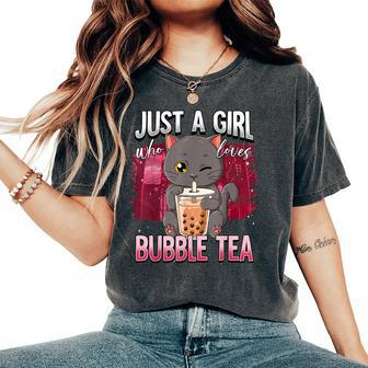 Boba Tea Cat Just A Girl Who Loves Bubble Tea Women's Oversized Comfort T-Shirt - Seseable