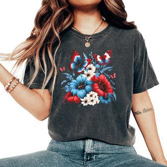 Butterfly Flowers Red White And Blue 4Th Of July Patriotic Women's Oversized Comfort T-Shirt - Monsterry DE