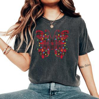 Butterfly Red Buffalo Plaid Christmas Tree Lights Women's Oversized Comfort T-Shirt - Monsterry CA