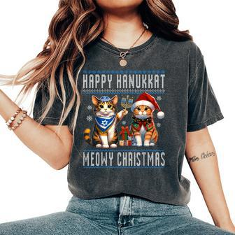 Cat Merry Christmas Happy Hanukkah Jewish Christian Women's Oversized Comfort T-Shirt - Seseable