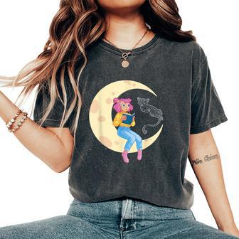 Celestial Cat And Girl Reading Book Read Moon Women's Oversized Comfort T-Shirt - Monsterry