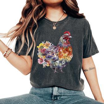 Chicken Aesthetic Flowers Cute Cottagecore Floral Chicken Women's Oversized Comfort T-Shirt - Seseable