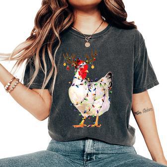 Chicken Christmas Lights Reindeer Santa Hat Chicken Xmas Women's Oversized Comfort T-Shirt - Thegiftio UK