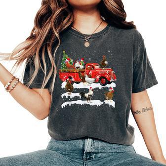 Chicken Riding Red Truck Merry Christmas Farmer X-Mas Ugly Women's Oversized Comfort T-Shirt - Monsterry