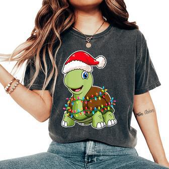 Christmas Lights Turtle Wearing Xmas Hat Sea Turtle Lover Women's Oversized Comfort T-Shirt - Monsterry