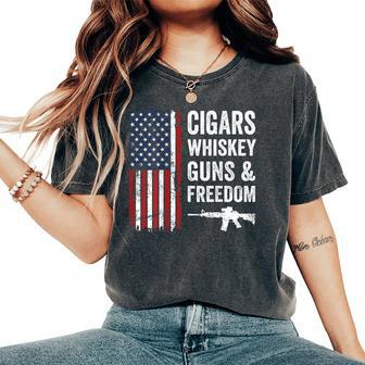 Cigars Whiskey Guns & Freedom Usa Flag 4Th Of July Back Women's Oversized Comfort T-Shirt - Monsterry CA