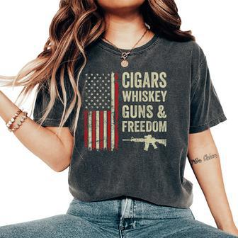 Cigars Whiskey Guns & Freedom Usa Flag 4Th Of July Back Women's Oversized Comfort T-Shirt - Monsterry AU
