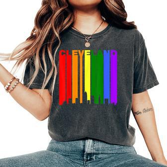 Cleveland Ohio Downtown Rainbow Skyline Lgbt Gay Pride Women's Oversized Comfort T-Shirt - Monsterry