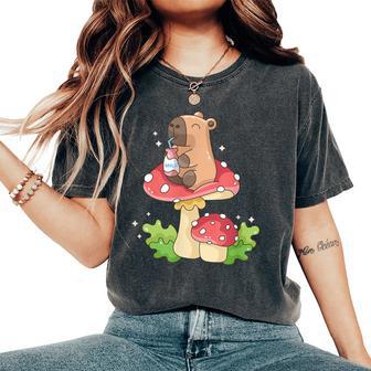Cottagecore Aesthetic Capybara Drinking Milk On Mushroom Women's Oversized Comfort T-Shirt - Thegiftio UK