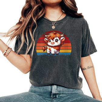 Cute Baby Highland Cow With Vintage Sunset Animal Cow Women Women's Oversized Comfort T-Shirt - Monsterry CA