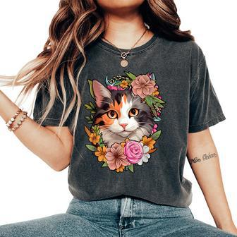 Cute Floral Calico Cat Women's Oversized Comfort T-Shirt - Monsterry AU
