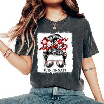 Cute Messy Bun Cincinnati Retro Baseball Lover Game Day Women's Oversized Comfort T-Shirt - Thegiftio UK