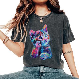 Cute Rainbow Cat For Women's Girls Boys Cat Lovers Women's Oversized Comfort T-Shirt - Monsterry