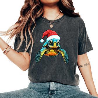 Cute Sea Turtle Christmas Santa Hat Xmas Pajama Women's Oversized Comfort T-Shirt - Thegiftio UK
