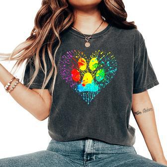 Dog Lover Mom Dad Colorful Heart Dog Paw Print Women's Oversized Comfort T-Shirt | Mazezy CA
