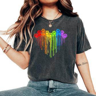 Dog Paws Rainbow Heart Dog Lover Gay Pride Lgbt Women's Oversized Comfort T-Shirt - Seseable
