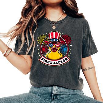 Firequacker 4Th Of July Rubber Duck Usa Flag Women's Oversized Comfort T-Shirt - Monsterry AU