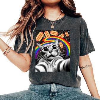 Graphic Rainbow Hotdog Ufos Cosmic Space Selfie Cat Women's Oversized Comfort T-Shirt | Mazezy