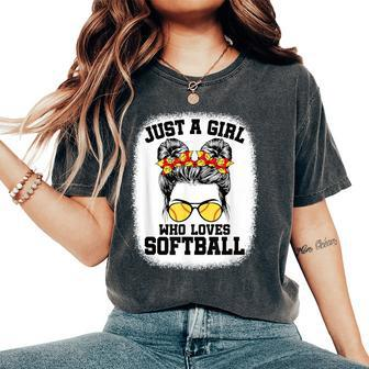 Girls Softball Fan Player Messy Bun Softball Lover Women's Oversized Comfort T-Shirt - Seseable